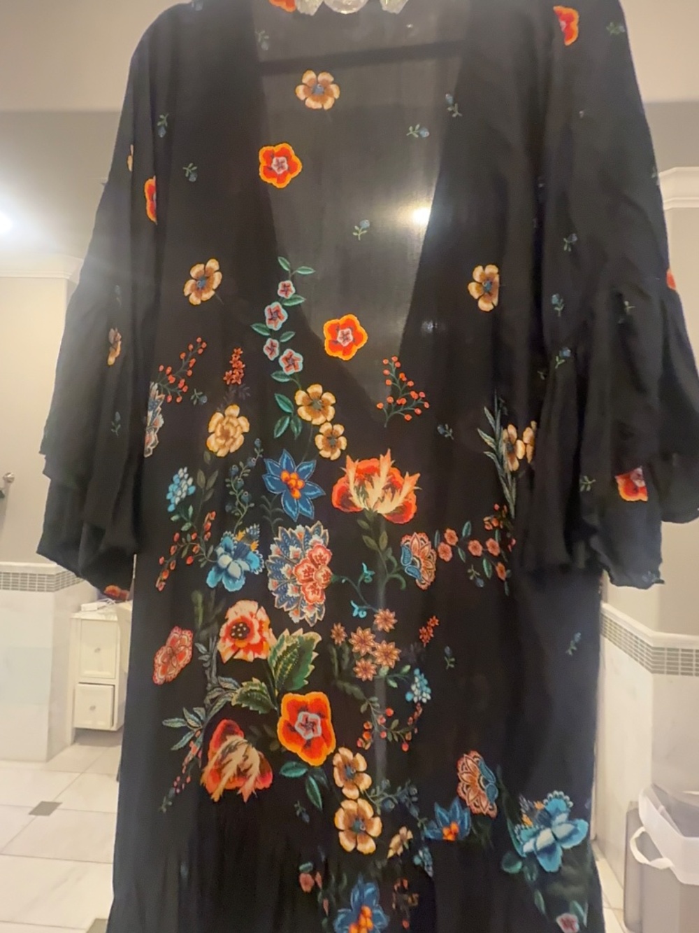 Johnny Was Nora Ruffle Kimono Black Floral Silk Boho Duster Cover-Up - Picture 7 of 13
